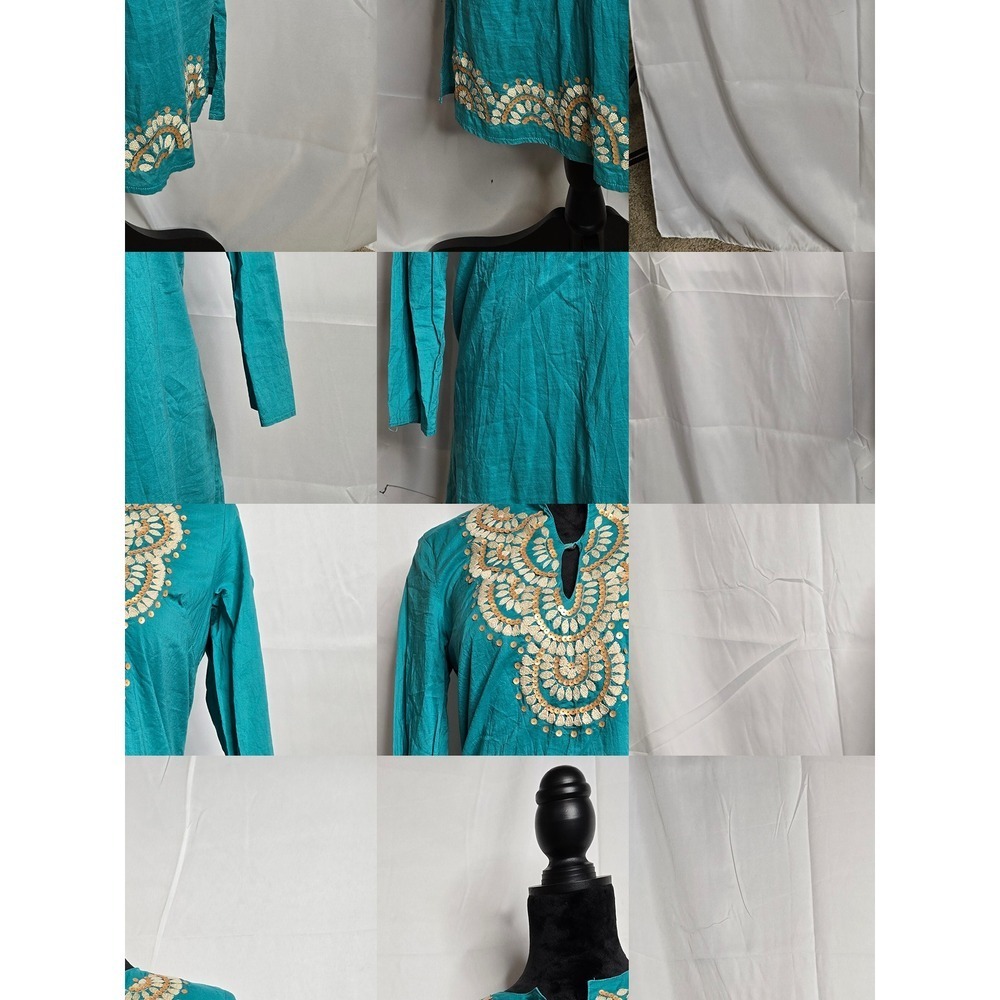 Harper Tunic Dress Embroidered Sequined Long Sleeve Teal Bohemian Size S